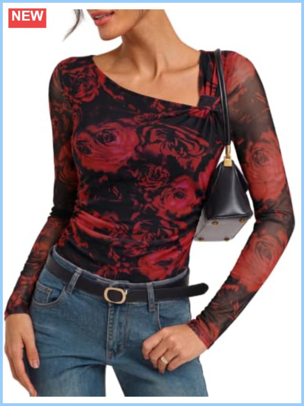 Womens Mesh Long Sleeve Boho Blouse Asymmetrical V-Neck Ruched Floral
